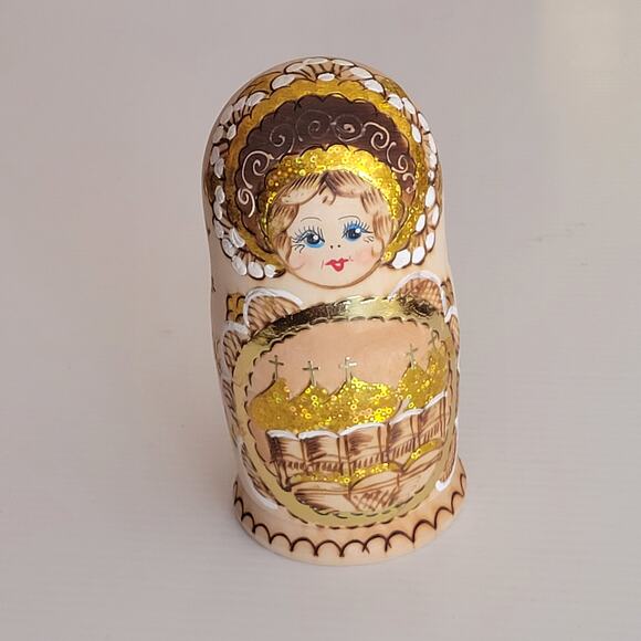 Vtg Russian Burned Wood Hand Painted Matryoshka Nesting Dolls Set of 5 Orthodox - Picture 14 of 14